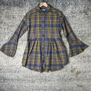 Free People We The Free Shirt Womens XS Blue Plaid Button Down Babydoll Peplum